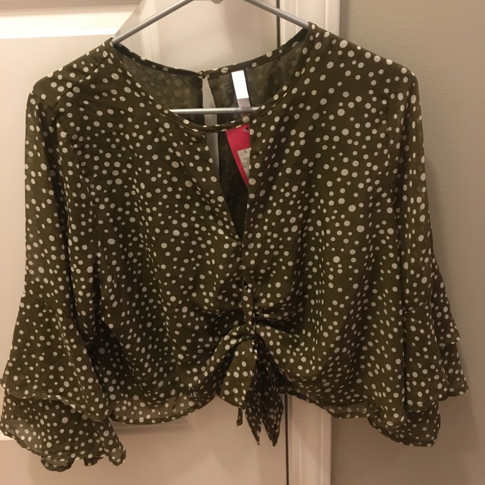 Polka dot ruched front tie blouse